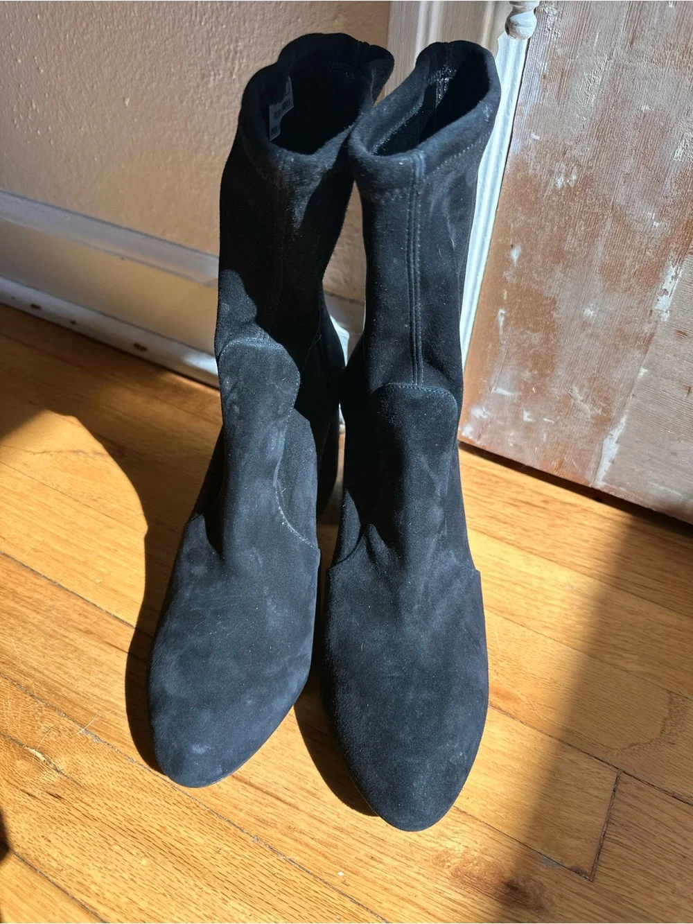 Stuart Weitzman Yuliana Black Suede Flareblock Heel Sock Boot